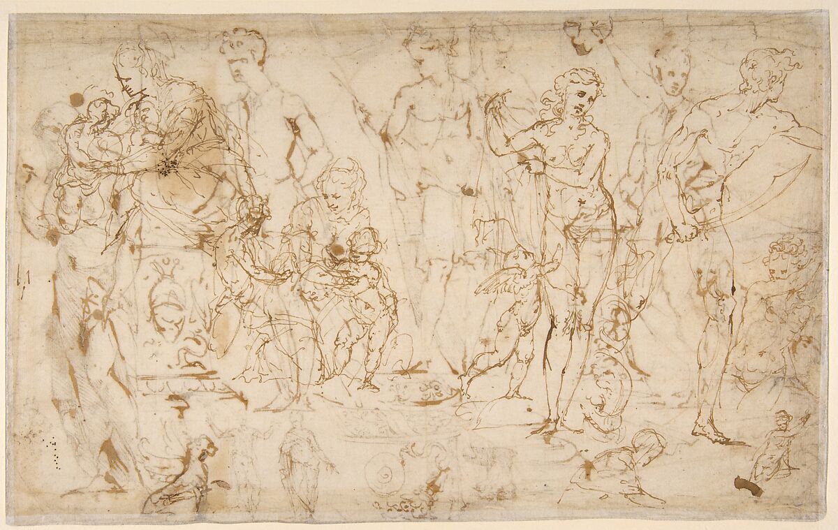 Sheet of Figure Studies and Ornamental Motifs (recto and verso)., Vincenzo Tamagni (Italian, San Gimignano 1492–ca. 1530 San Gimignano), Pen and brown ink over leadpoint (recto and verso) 