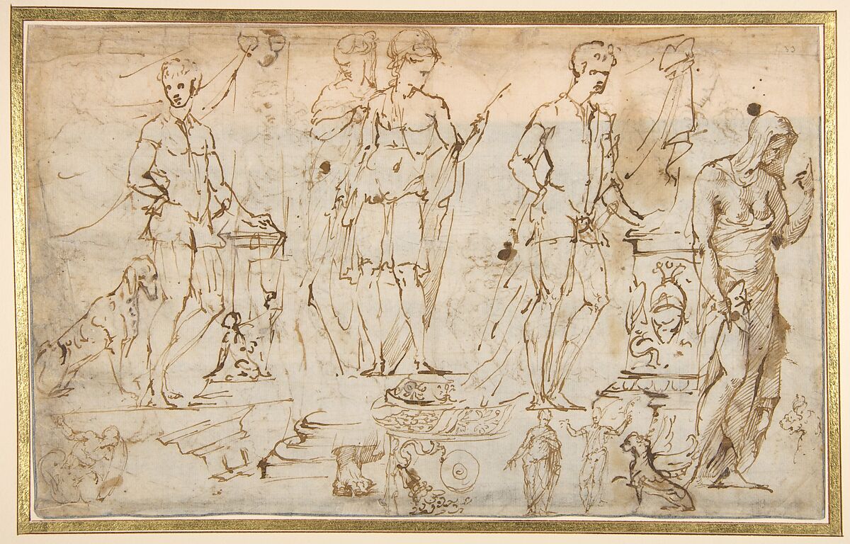 Sheet of Figure Studies and Ornamental Motifs (recto and verso), Vincenzo Tamagni (Italian, San Gimignano 1492–ca. 1530 San Gimignano), Pen and brown ink over leadpoint