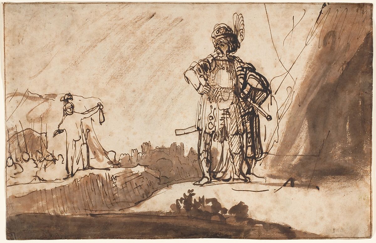 David Showing Saul the Tip of His Coat, Ferdinand Bol (Dutch, Dordrecht 1616–1680 Amsterdam), Pen and brown ink, brush and brown wash; framing lines in pen and brown ink