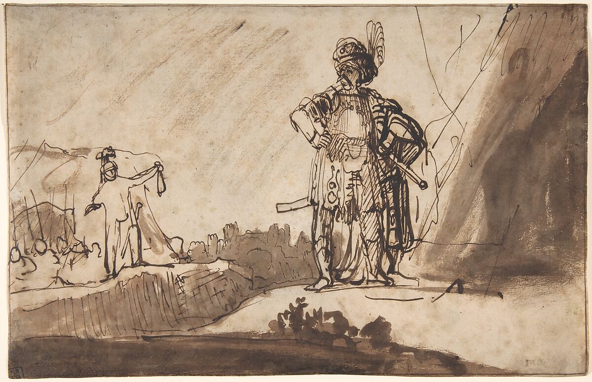 David Showing Saul the Tip of His Coat, Ferdinand Bol (Dutch, Dordrecht 1616–1680 Amsterdam), Pen and brown ink, brush and brown wash; framing lines in pen and brown ink 