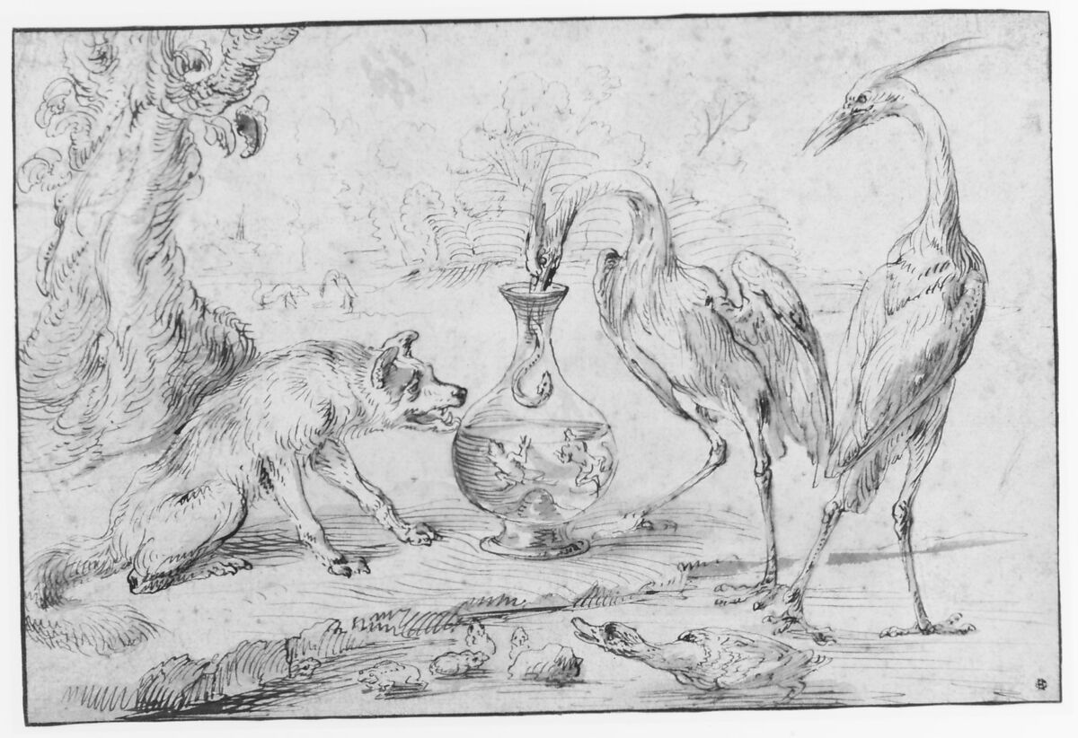 Fox With Two Herons, Frans Snyders (Flemish, Antwerp 1579–1657 Antwerp), Pen and brown ink, brush and brown wash, over traces of black chalk