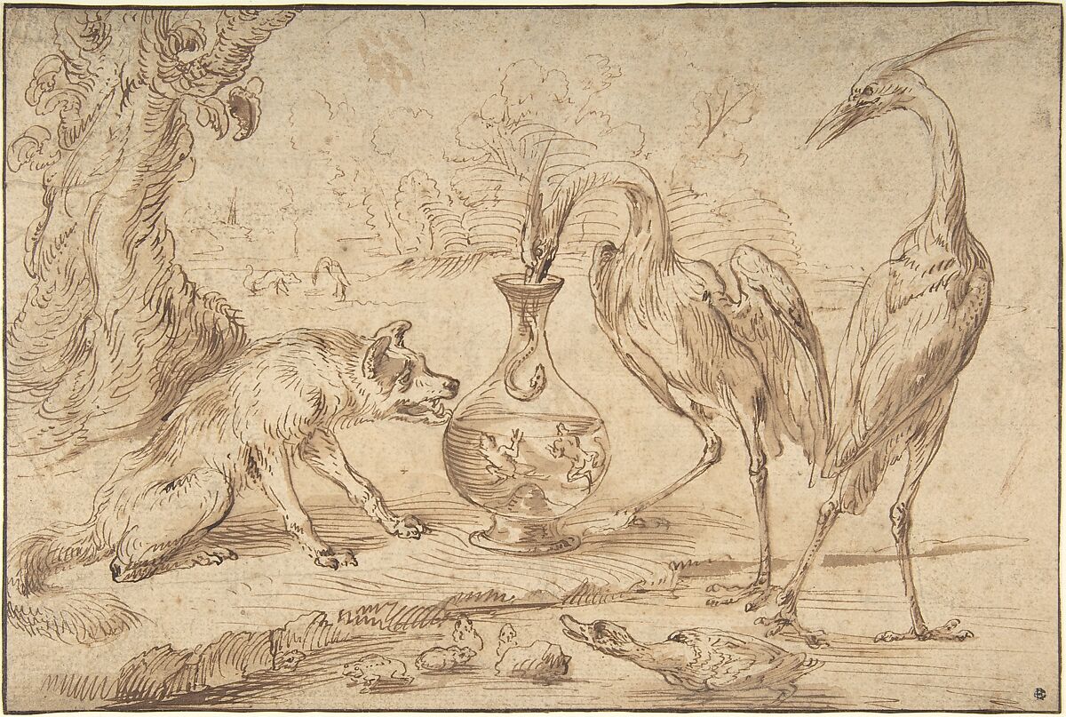 Fox With Two Herons, Frans Snyders (Flemish, Antwerp 1579–1657 Antwerp), Pen and brown ink, brush and brown wash, over traces of black chalk 