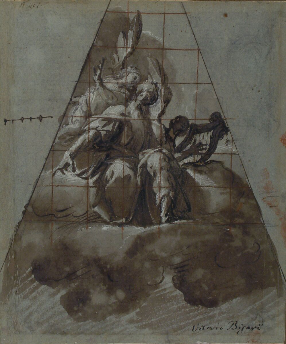 King David with Angels, Morazzone (Pier Francesco Mazzucchelli) (Italian, Morazzone 1573–?1626 Piacenza), Pen and brown ink, brush and brown wash, highlighted with white gouache over traces of charcoal or black chalk; squared in red chalk on blue paper
