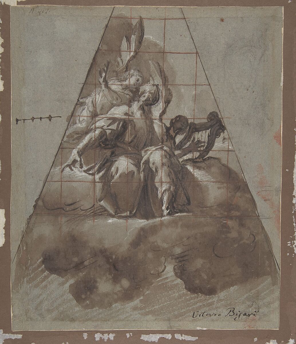 King David with Angels, Morazzone (Pier Francesco Mazzucchelli) (Italian, Morazzone 1573–?1626 Piacenza), Pen and brown ink, brush and brown wash, highlighted with white gouache over traces of charcoal or black chalk; squared in red chalk on blue paper 