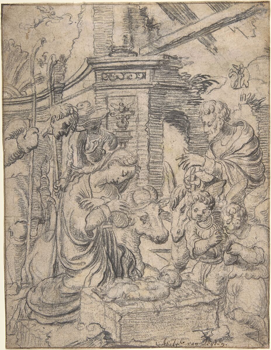 The Adoration of the Shepherds, Attributed to Aertgen Claesz. van Leyden (Netherlandish, Leiden 1498–1564 Leiden), Black chalk on light brown paper 