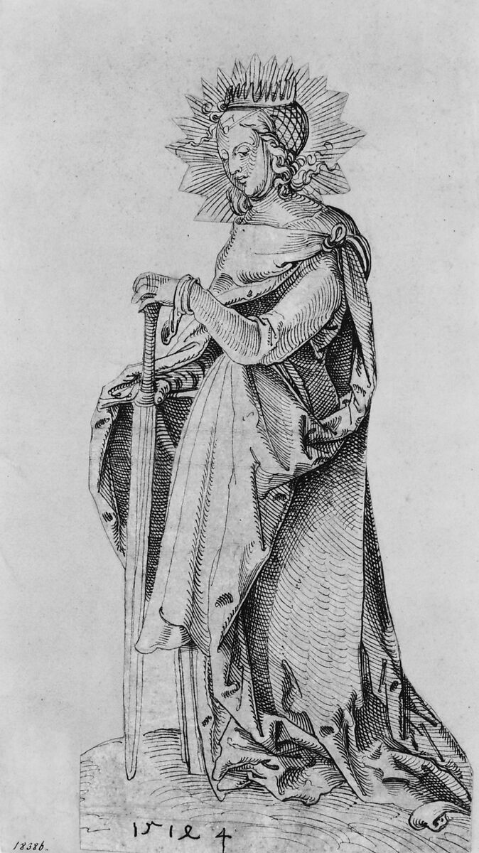 Saint Catherine Leaning on a Sword, Hans Baldung (called Hans Baldung Grien) (German, Schwäbisch Gmünd (?) 1484/85–1545 Strasbourg), Pen and brown ink