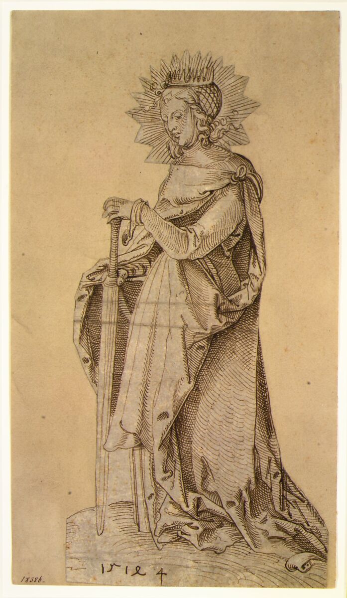 Saint Catherine Leaning on a Sword, Hans Baldung (called Hans Baldung Grien) (German, Schwäbisch Gmünd (?) 1484/85–1545 Strasbourg), Pen and brown ink