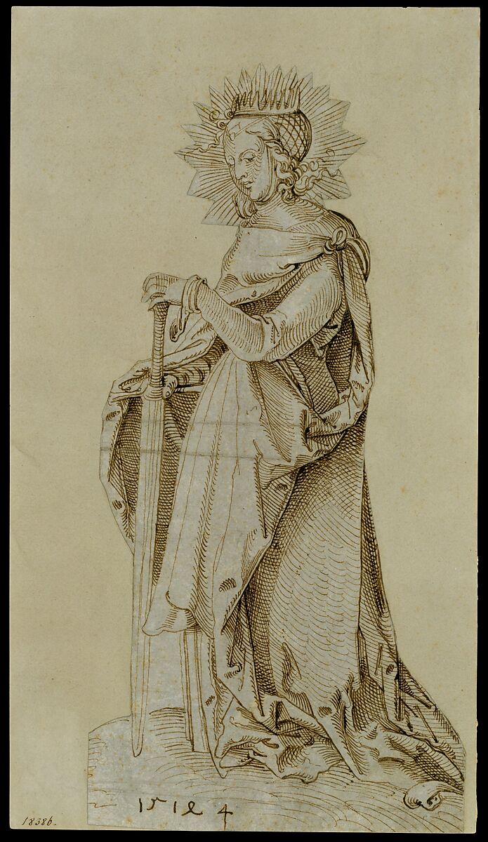 Saint Catherine Leaning on a Sword, Hans Baldung (called Hans Baldung Grien) (German, Schwäbisch Gmünd (?) 1484/85–1545 Strasbourg), Pen and brown ink