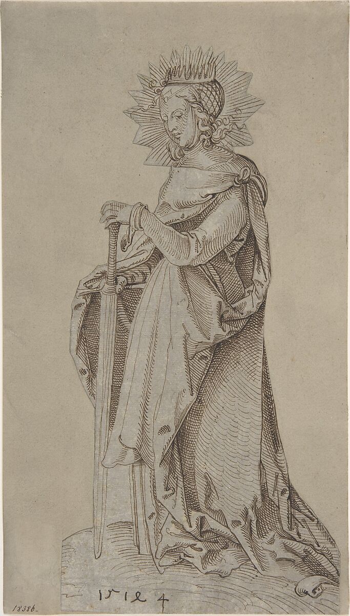 Saint Catherine Leaning on a Sword, Hans Baldung (called Hans Baldung Grien) (German, Schwäbisch Gmünd (?) 1484/85–1545 Strasbourg), Pen and brown ink 