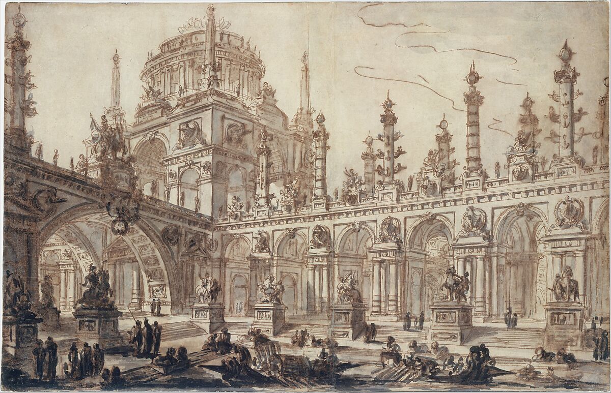 Architectural Fantasy, Charles Michel Ange Challe (French, Paris 1718–1778 Paris), Pen and brown ink, brush and brown, gray and black wash. Creased vertically down the center. 