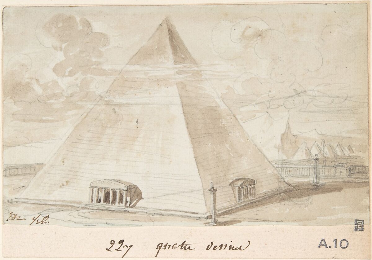 Study of a Pyramid, Jacques Louis David (French, Paris 1748–1825 Brussels), Brush and brown wash over graphite 