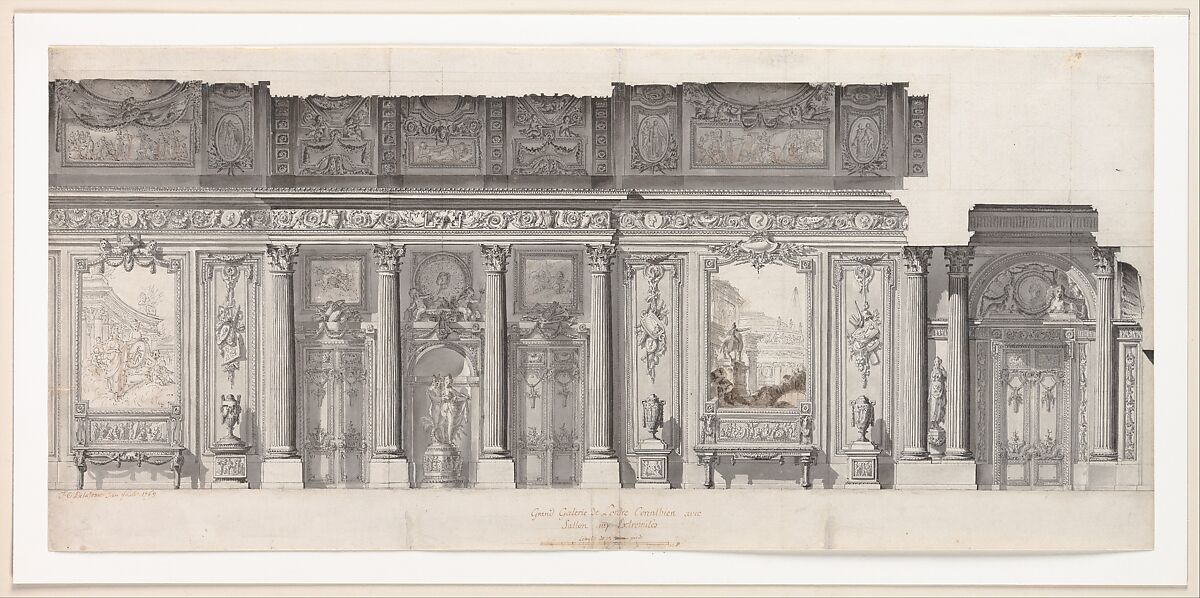 Design for a "Grande Galerie", Jean Charles Delafosse (French, Paris 1734–1789 Paris), Pen and black ink, brush and gray and brown wash, over traces of black chalk. 