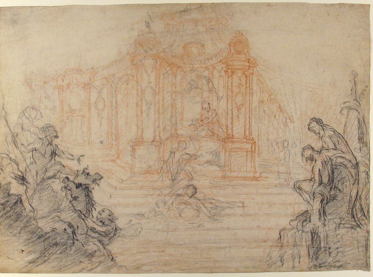 Study for a Festival Machine, Attributed to Laurent Hubert (French, died ca. 1780), Black and red chalk, rubbed at top, and watermark traced in graphite on verso