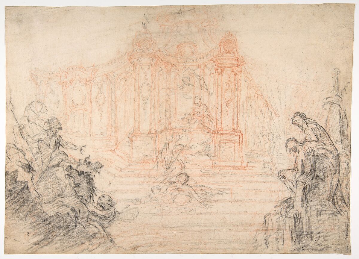 Study for a Festival Machine, Attributed to Laurent Hubert (French, died ca. 1780), Black and red chalk, rubbed at top, and watermark traced in graphite on verso 