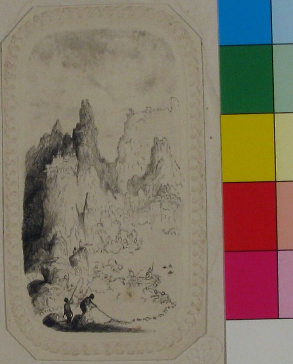 Castles on Mountains, Rodolphe Bresdin (French, Montrelais 1822–1885 Sèvres), Pen and black ink on embossed card
