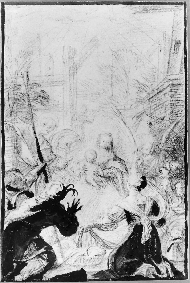 Adoration of the Shepherds, Claude Vignon (French, Tours 1593–1670 Paris), Brush and black and brown wash over black chalk on buff paper