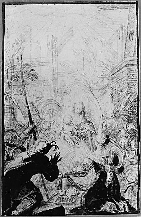 Adoration of the Shepherds, Claude Vignon (French, Tours 1593–1670 Paris), Brush and black and brown wash over black chalk on buff paper