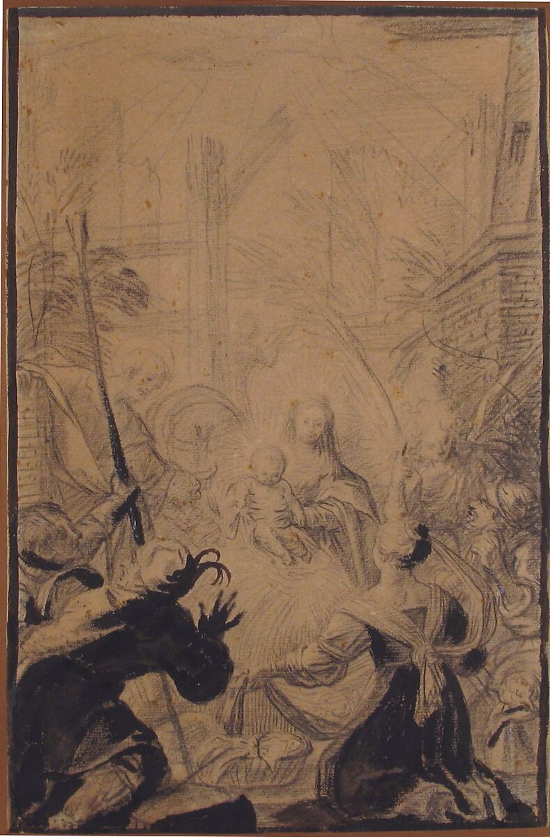 Adoration of the Shepherds, Claude Vignon (French, Tours 1593–1670 Paris), Brush and black and brown wash over black chalk on buff paper
