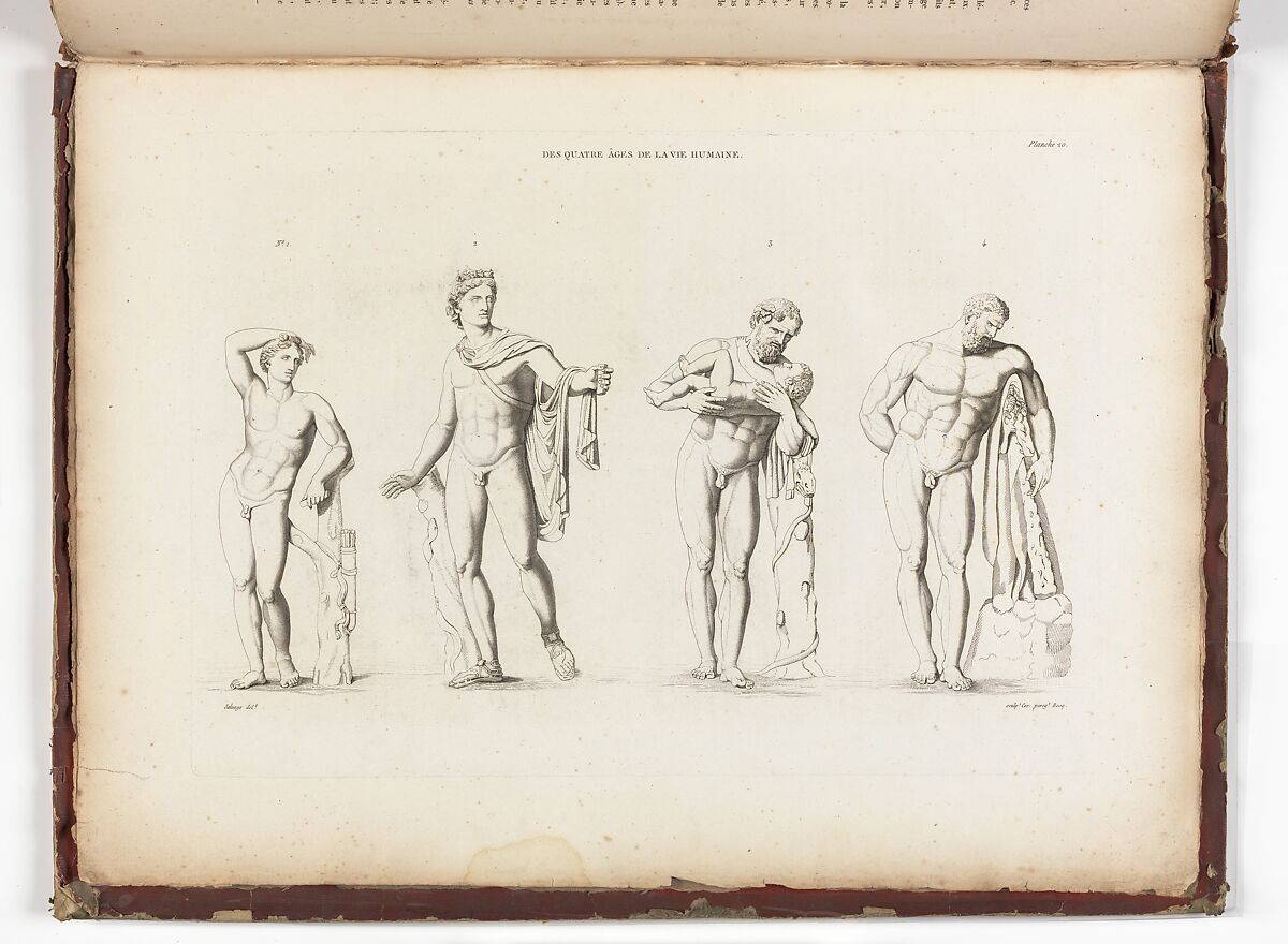 Anatomie du gladiateur combattant applicable aux beaux arts, ou Traité des os, des muscles, du mécanisme de mouvemens, de proportions et des caractères du corps humain (Anatomy of the Fighting Gladiator), Paris (Salvage), 1812, Written and illustrated and published by Jean-Galbert Salvage (French, 1770–1813), Folio volume (74 pp.) illustrated with 22 engravings printed in black and red ink; bound in red boards; red leather spine with gold-stamped ornament