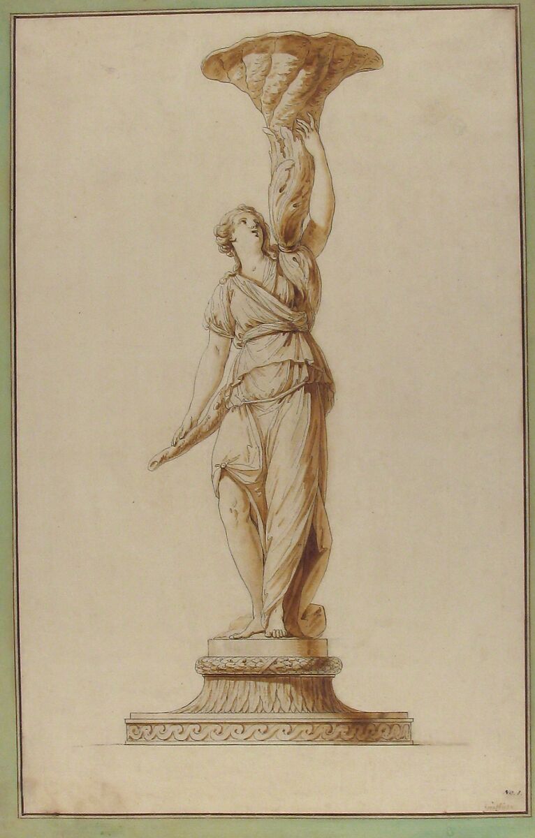 Design for a Torchère, Jean Jacques François Le Barbier (French, Rouen 1738–1826 Paris), Pen and brown ink, brush and brown wash; framing lines in pen and brown ink with brush and green wash