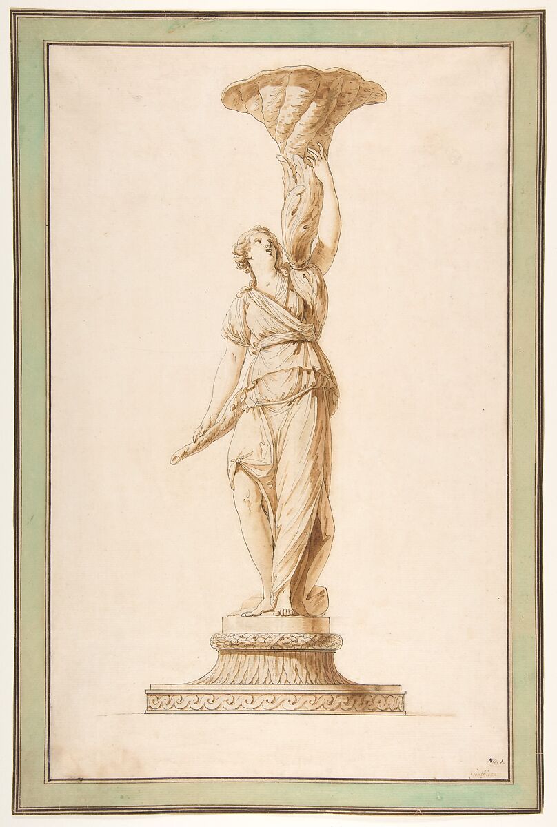 Design for a Torchère, Jean Jacques François Le Barbier (French, Rouen 1738–1826 Paris), Pen and brown ink, brush and brown wash. Framing lines in pen and brown ink with brush and green wash 