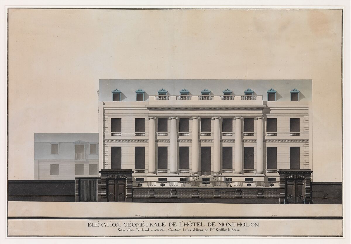 Elevation of the Facade of the Hôtel de Montholon, Paris, Jean Jacques Lequeu (French, Rouen 1757–1825 Paris), Pen and black and gray ink, brush and gray and blue wash. Two framing lines in pen and black ink around image and inscription. 