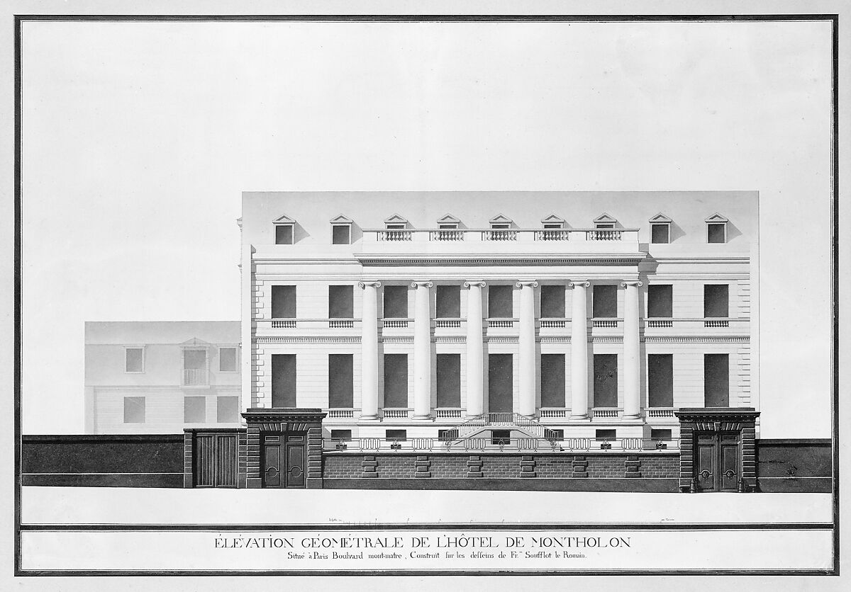Elevation of the Façade of the Hôtel de Montholon, Paris, Jean Jacques Lequeu (French, Rouen 1757–1825 Paris), Pen and black and gray ink, brush and gray and blue wash; two framing lines in pen and black ink around image and inscription