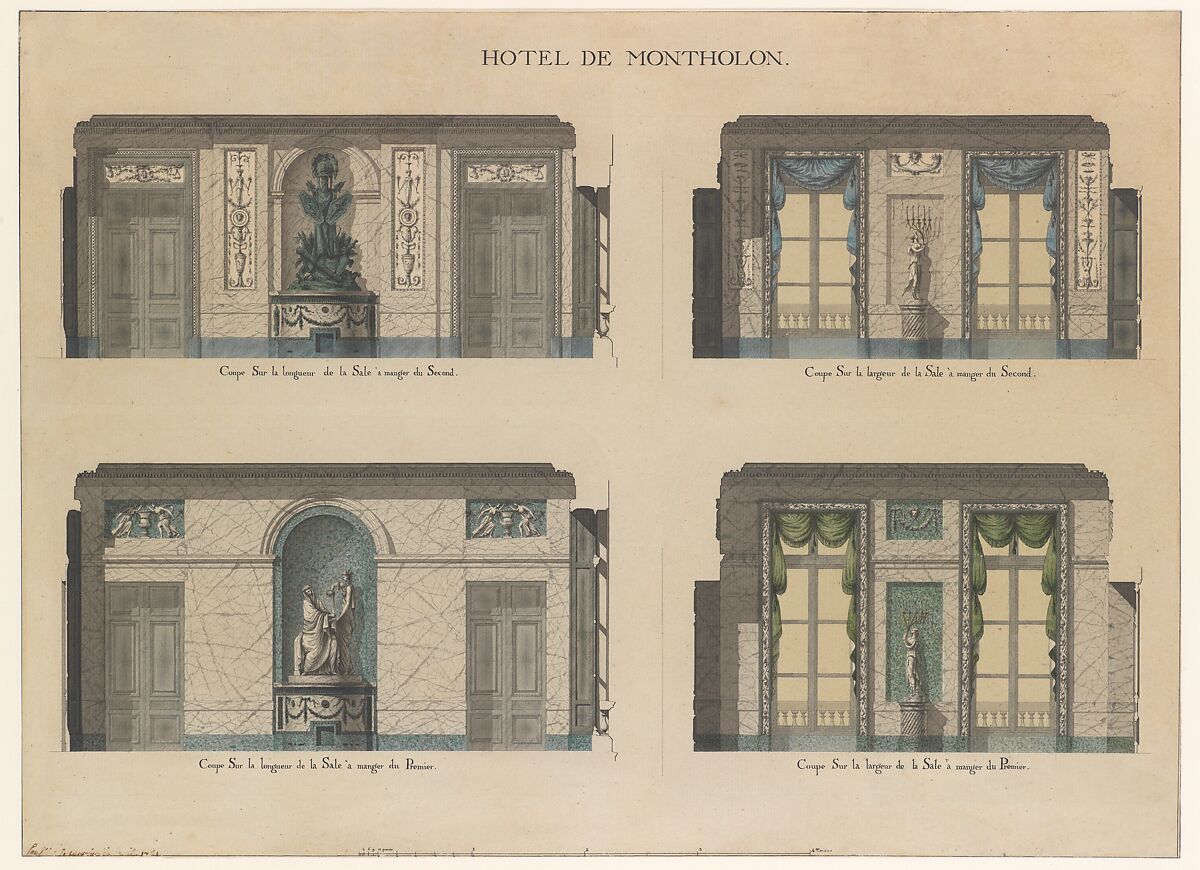 Longitudinal and Cross Sections of the Dining Rooms of the Hôtel de Montholon, Jean Jacques Lequeu (French, Rouen 1757–1825 Paris), Pen and black and gray ink, brush and gray and colored wash. Black border line. 