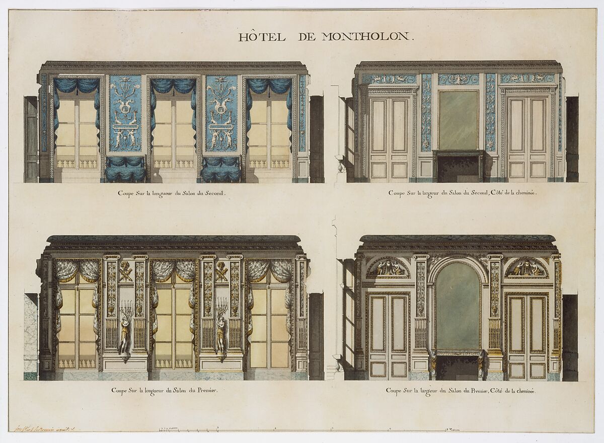 Longitudinal and Cross Sections of the Salons of the Hôtel de Montholon, Jean Jacques Lequeu (French, Rouen 1757–1825 Paris), Pen and black and gray ink, brush and gray and colored wash. 