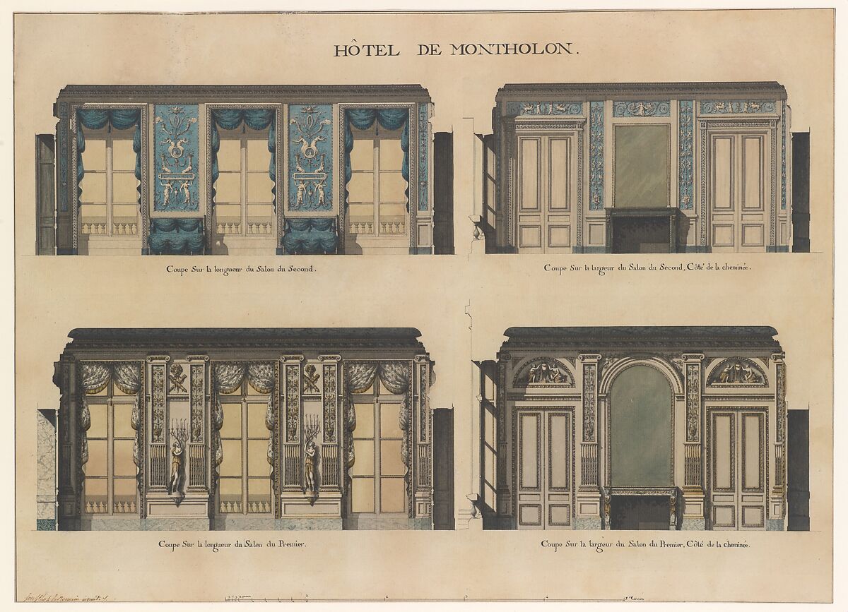 Longitudinal and Cross Sections of the Salons of the Hôtel de Montholon, Jean Jacques Lequeu (French, Rouen 1757–1825 Paris), Pen and black and gray ink, brush and gray and colored wash.