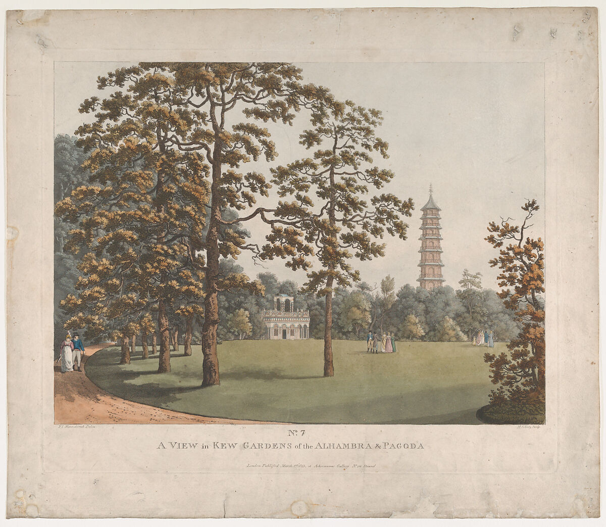 A View in Kew Gardens of the Alhambra and the Pagoda, Heinrich Joseph Schütz (German, Frankfurt 1760–1822 Frankfurt), Aquatint with watercolor 