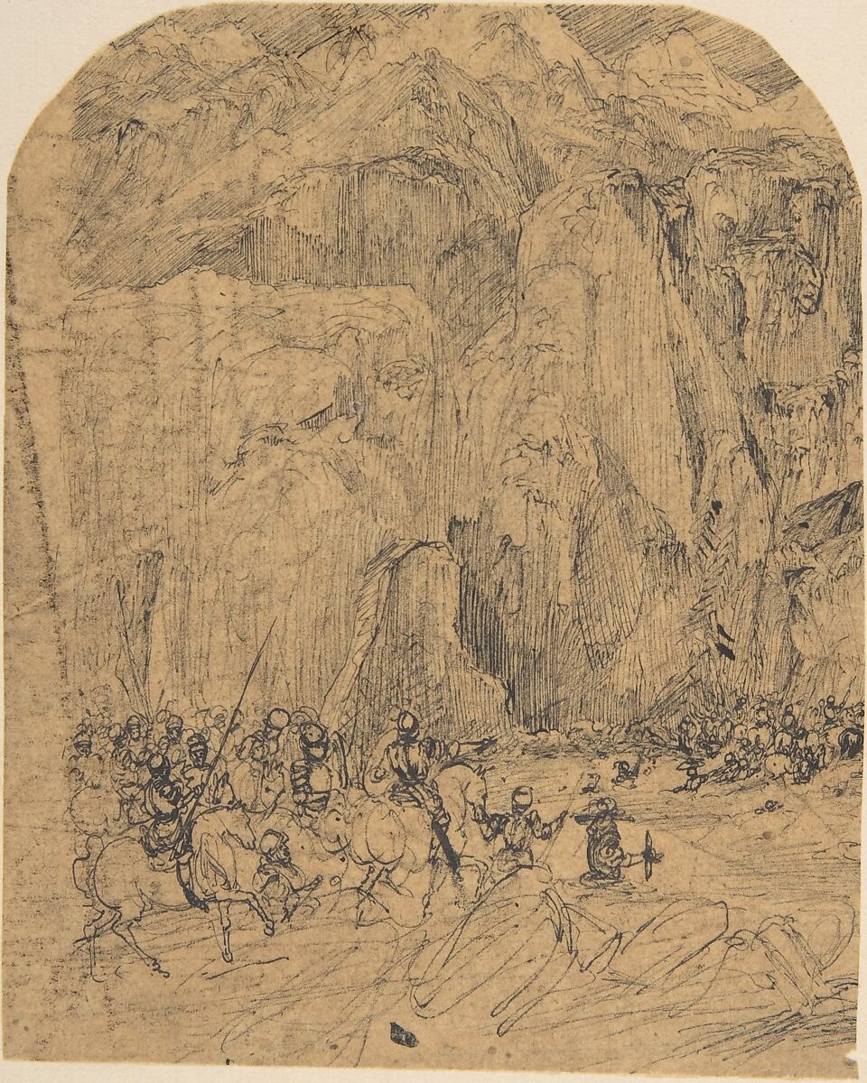 Warriors in a Mountain Pass, Rodolphe Bresdin (French, Montrelais 1822–1885 Sèvres), Pen and black ink 