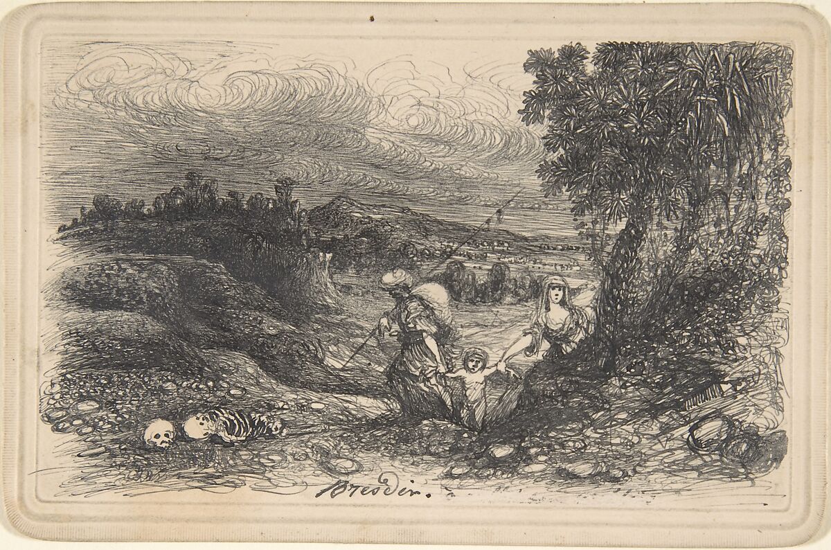 Flight to Egypt, Rodolphe Bresdin (French, Montrelais 1822–1885 Sèvres), Pen and black ink on card with embossed border 