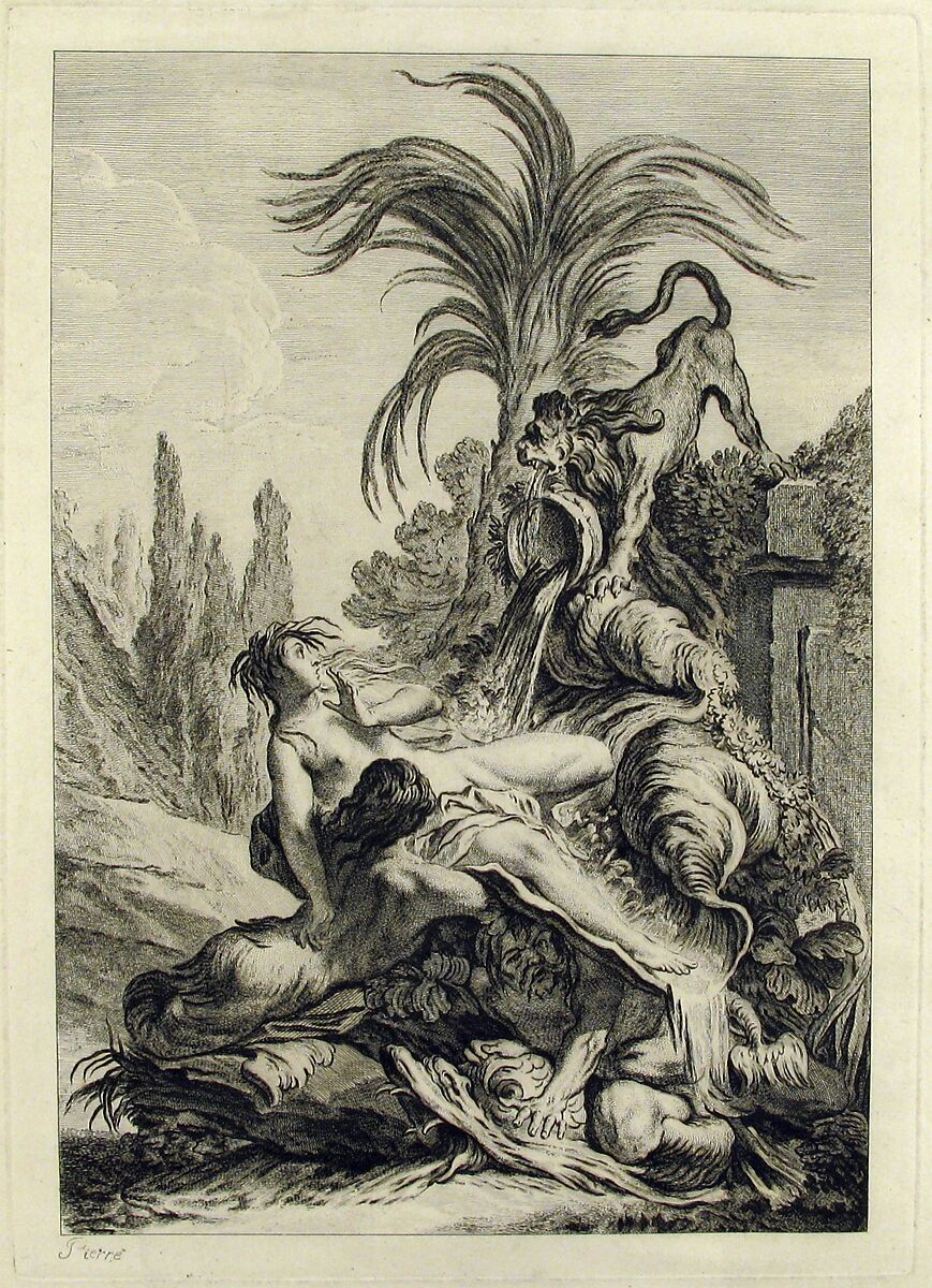 The Frightened Naïad (Une naïade échevelée recule d'efroi à la vue d'un lion), Jean-Baptiste Marie Pierre (French, Paris 1714–1789 Paris), Etching