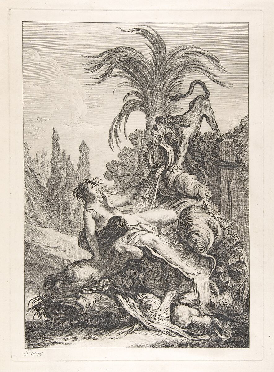 The Frightened Naïad (Une naïade échevelée recule d'efroi à la vue d'un lion), Jean-Baptiste Marie Pierre (French, Paris 1714–1789 Paris), Etching 