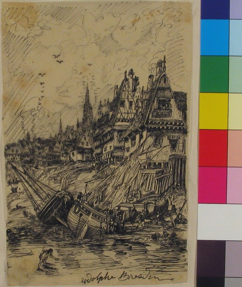Fishing Harbor at Low Tide, Rodolphe Bresdin (French, Montrelais 1822–1885 Sèvres), Pen and black ink
