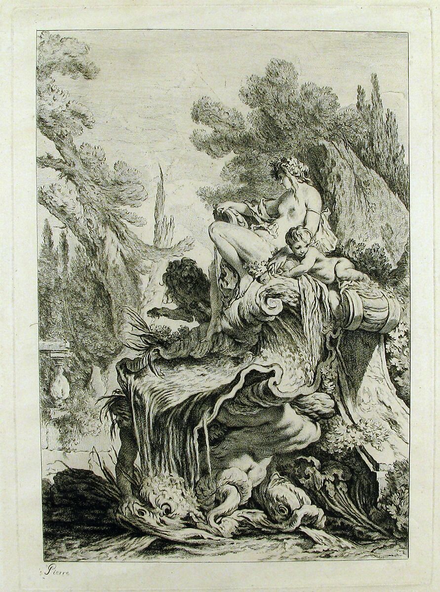 The Seated Nymph (Une fontaine avec une naïade assise sur une conque), Jean-Baptiste Marie Pierre (French, Paris 1714–1789 Paris), Etching