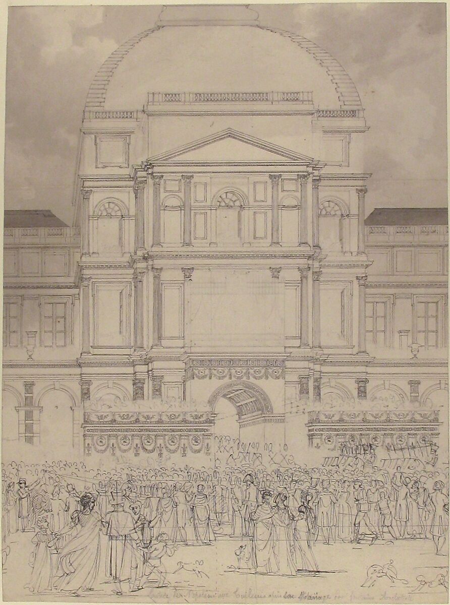 Crowd in Front of the Tuileries Palace During the Wedding of Napoleon to Marie-Louise of Austria, Charles Percier (French, Paris 1764–1838 Paris), Pen and gray ink, brush and gray wash, over black chalk