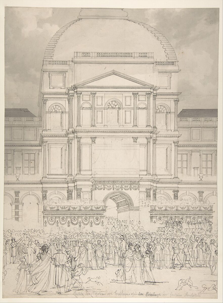 Crowd in Front of the Tuileries Palace During the Wedding of Napoleon to Marie-Louise of Austria, Charles Percier  French, Pen and gray ink, brush and gray wash, over black chalk