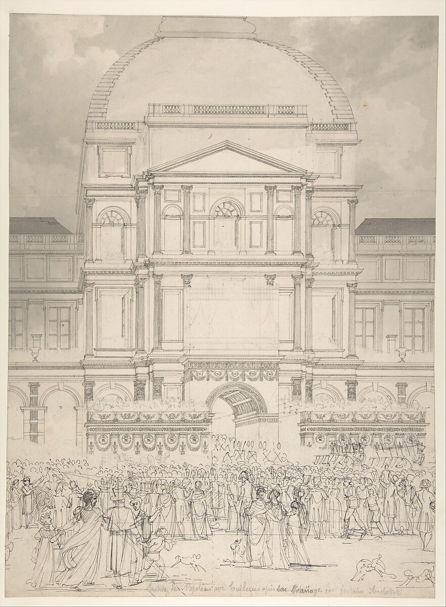 Crowd in Front of the Tuileries Palace During the Wedding of Napoleon to Marie-Louise of Austria, Charles Percier (French, Paris 1764–1838 Paris), Pen and gray ink, brush and gray wash, over black chalk 