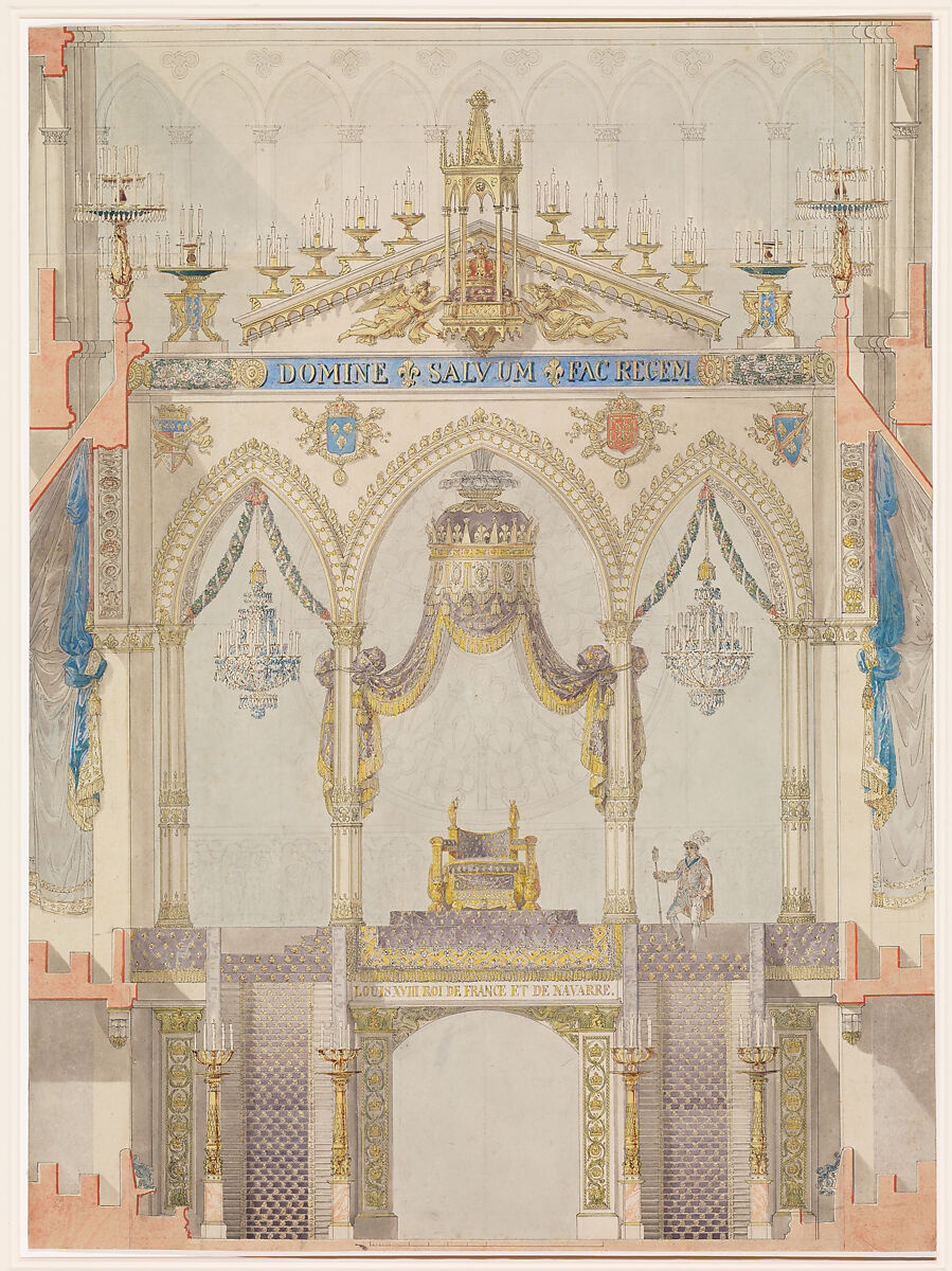 Élévation intérieure de la cathédrale de Reims avec le jubé et le trône pour le couronnement du roi Louis XVIII, Charles Percier (français, Paris 1764-Paris 1838), plume et encre noire, avec lavage de couleur