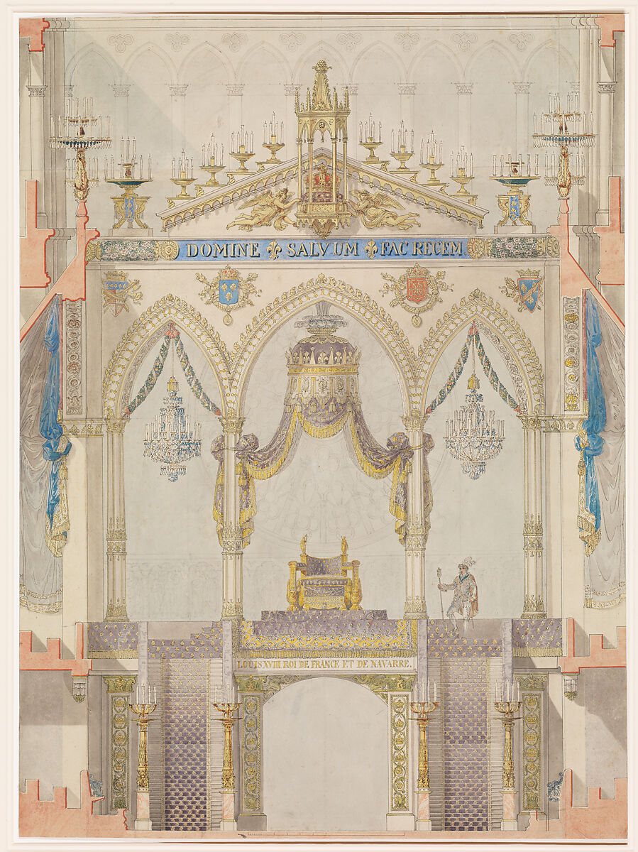 Élévation intérieure de la cathédrale de Reims avec le jubé et le trône pour le couronnement du roi Louis XVIII, Charles Percier (français, Paris 1764-Paris 1838)， plume et encre noire, avec lavage de couleur