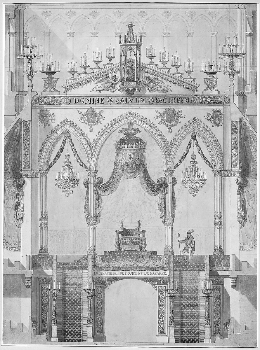 Interior Elevation of Reims Cathedral with the Rood Screen and Throne for the Coronation of King Louis XVIII, Charles Percier (French, Paris 1764–1838 Paris), Pen and black ink, with colored wash
