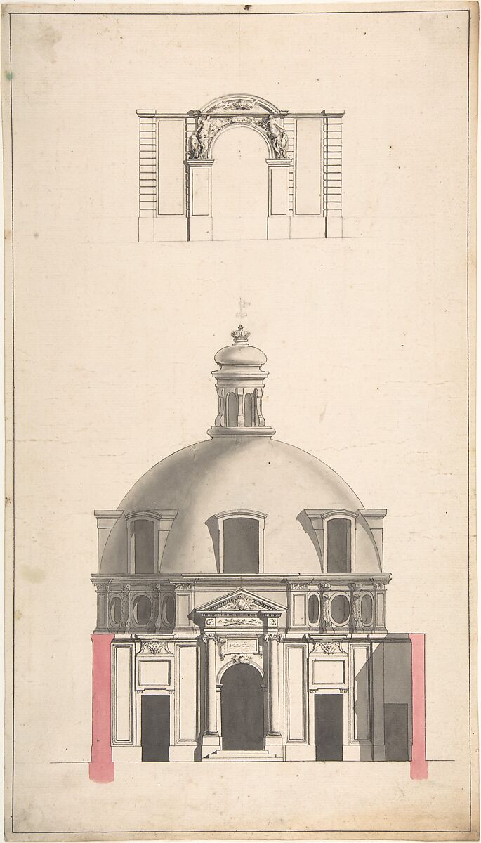 Elevation of the Amphitheatre and Entrance Gate of the Collège des Chirugies, Paris, Circle of Jacques François Blondel (French, Rouen 1705–1774 Paris), Pen and gray ink, brush and gray and pink wash, over graphite. Verso rubbed with red chalk. Lightly incised. Framing line in pen and black ink. 