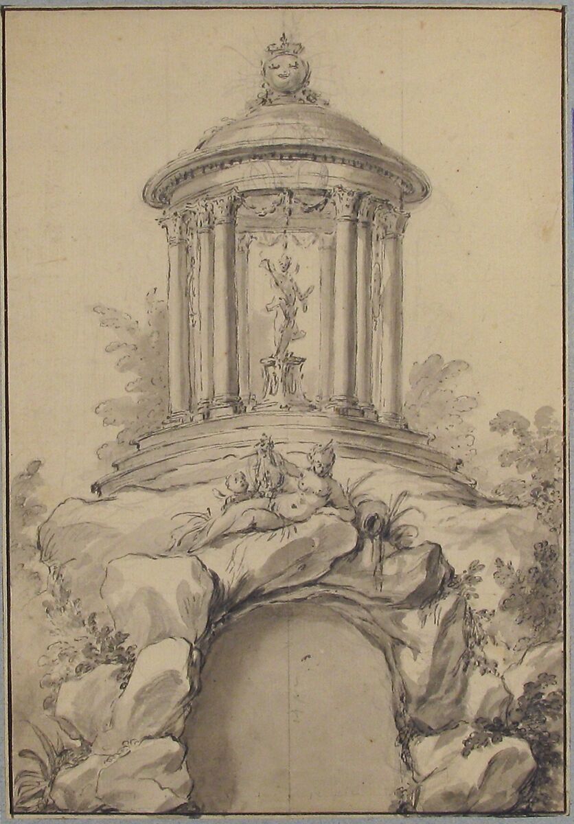 Design for Festival Architecture for an Entry into Paris for the King of Sweden, Frederick I of Hesse, Guillaume Thomas Raphaël Taraval (French, Paris 1701–1750 Stockholm), Pen and gray ink, gray wash over traces of black chalk. Border line in pen and black ink.