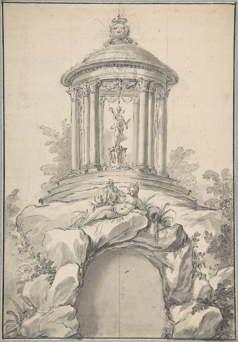 Design for Festival Architecture for an Entry into Paris for the King of Sweden, Frederick I of Hesse, Guillaume Thomas Raphaël Taraval (French, Paris 1701–1750 Stockholm), Pen and gray ink, gray wash over traces of black chalk. Border line in pen and black ink. 