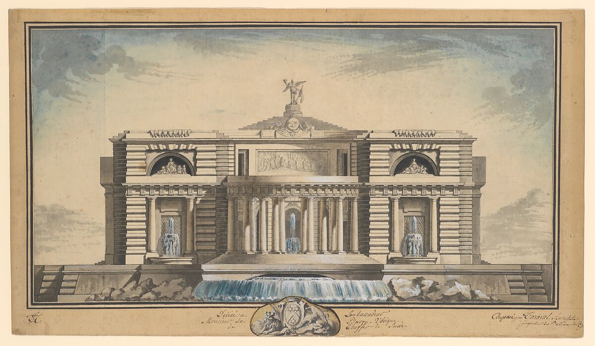 Design for a Neoclassical Building, Thought to be a School of Arts for the City of Stockholm, Louis Gustave Taraval (French, Stockholm 1738–1794 Paris), Pen and gray ink, brush and brown, gray, and colored wash, heightened with white, with framing lines in pen and brown ink on paper strips framing the drawing sheet 