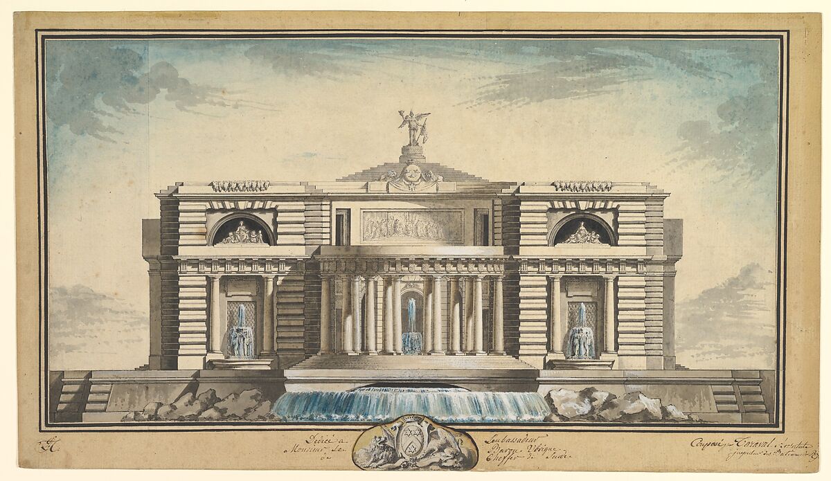 Design for a Neoclassical Building, Thought to be a School of Arts for the City of Stockholm, Louis Gustave Taraval (French, Stockholm 1738–1794 Paris), Pen and gray ink, brush and brown, gray, and colored wash, heightened with white, with framing lines in pen and brown ink on paper strips framing the drawing sheet