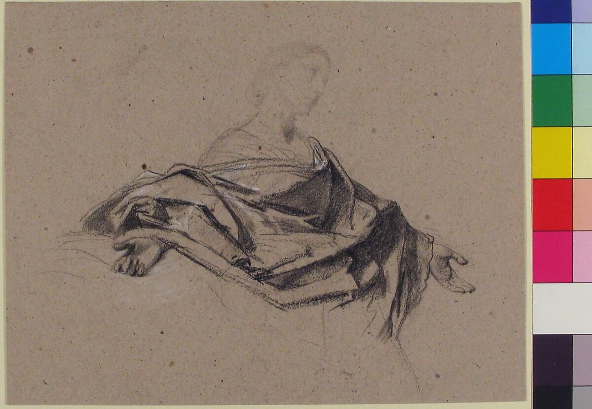 Half-Length Figure of a Woman with Outstretched Arms, François-Claudius Compte-Calix (French, Lyon 1813–1880 Chazay d'Azergues), Charcoal