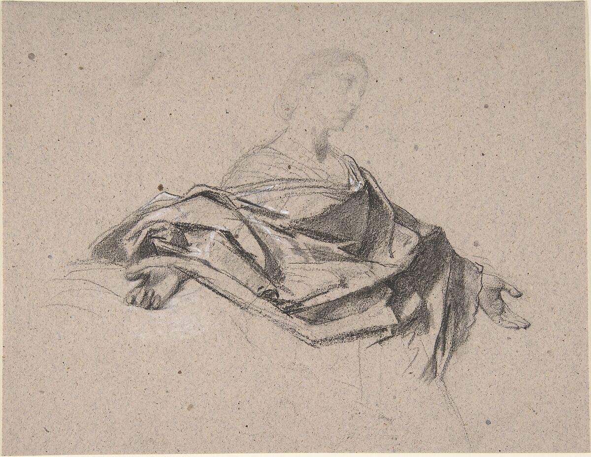Half-Length Figure of a Woman with Outstretched Arms, François-Claudius Compte-Calix (French, Lyon 1813–1880 Chazay d&#39;Azergues), Charcoal 